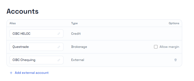 Accounts tab showing editable aliases, the Brokerage Allow margin setting, and the Add external account button