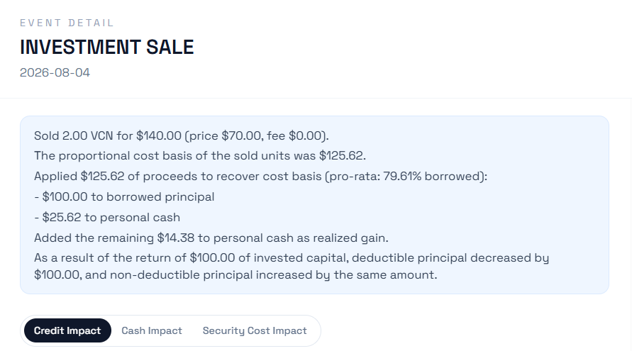 App screenshot showing investment sale with pro-rata borrowed/personal split